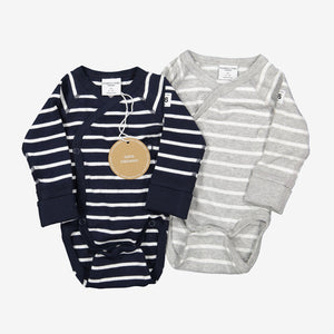 two newborn grey striped quality babygrow, ethical organic cotton, polarn o. pyret