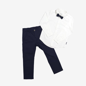 kids organic cotton navy bow tie, adjustable easy use, ethical kids clothes  with shirt and trousers 