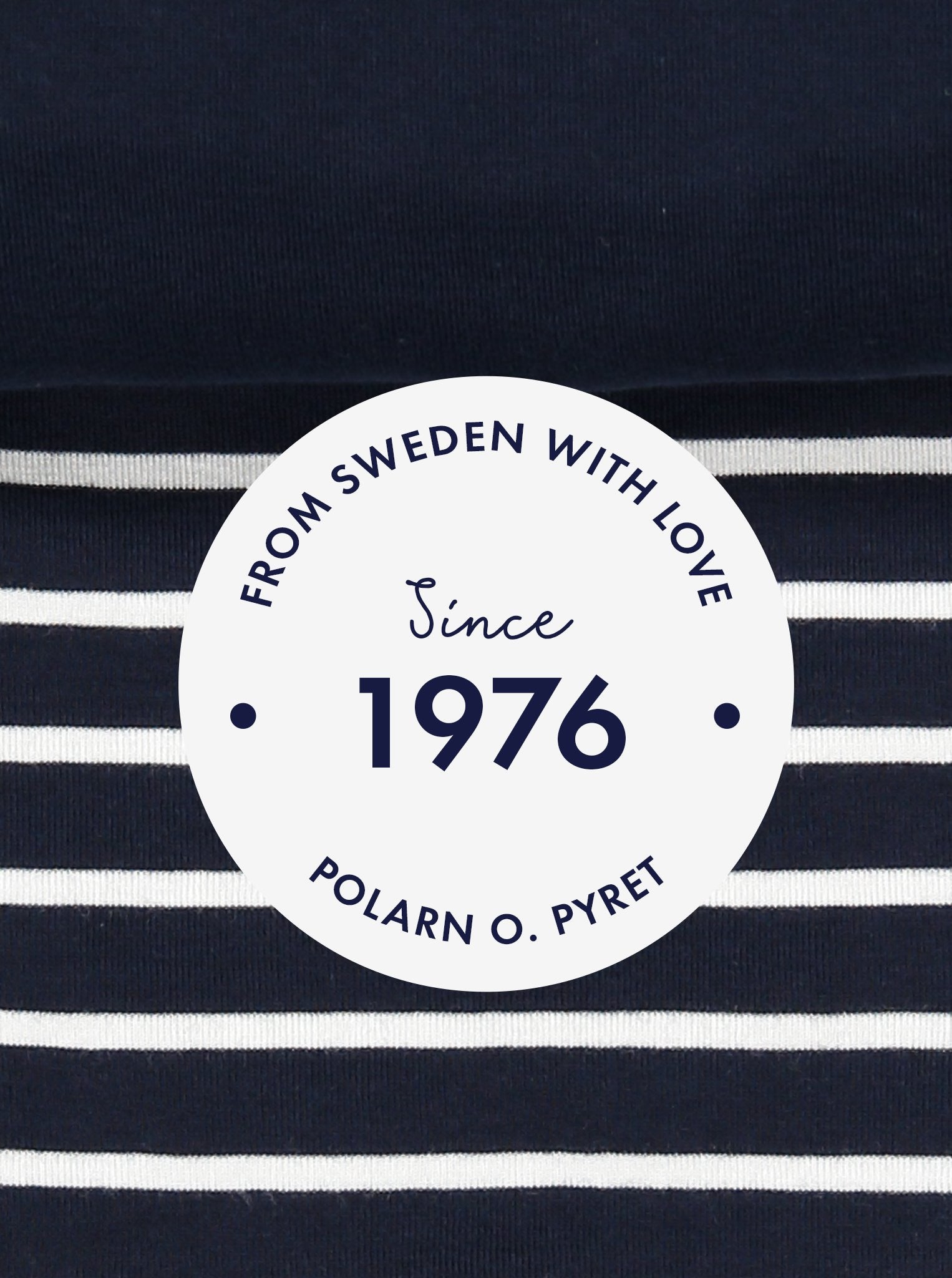 PO.P 1976 logo in navy and white stripes