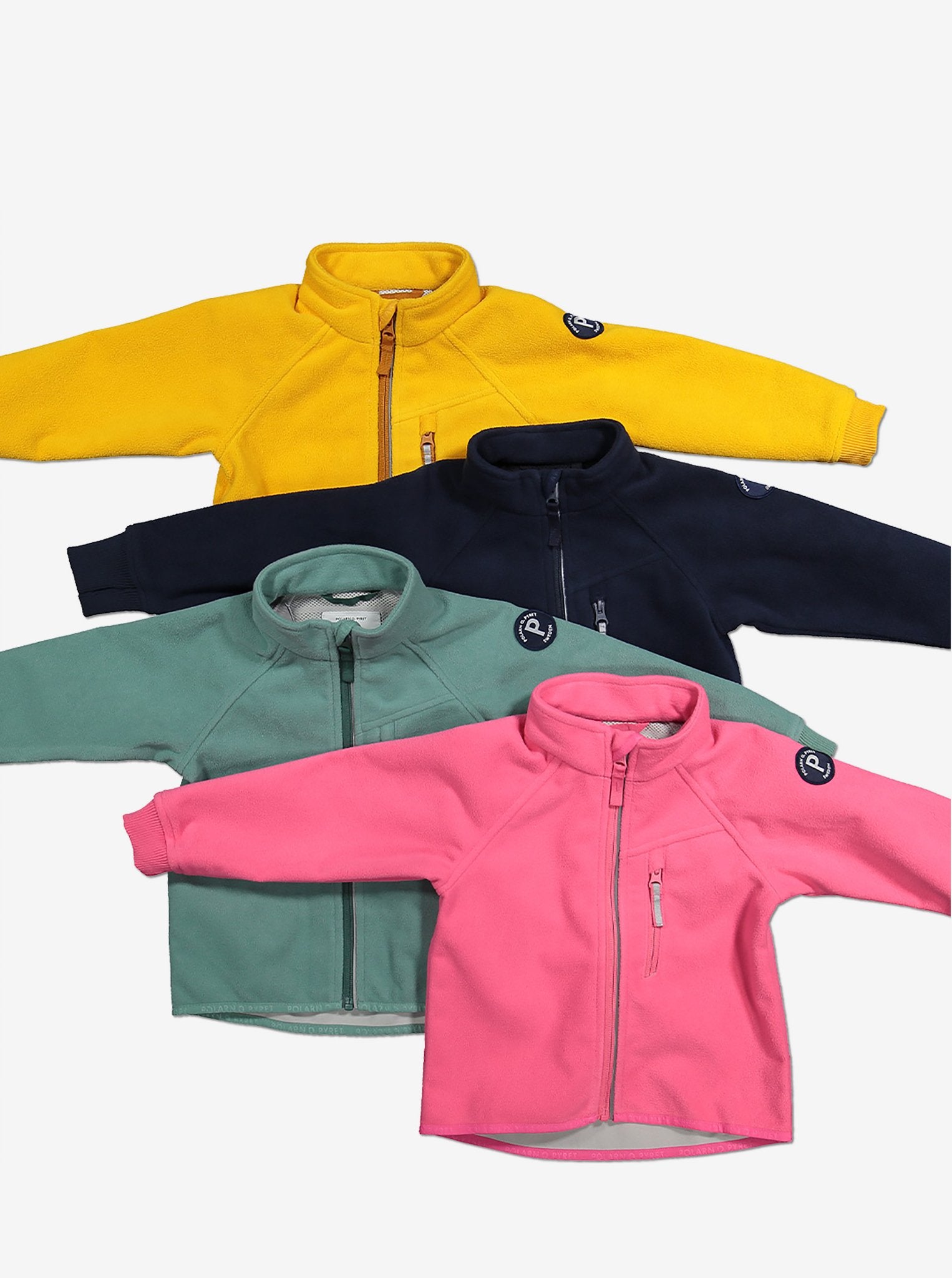 4 pieces of kids waterproof fleece jacket in yellow, navy, green and pink with reflector zips and cuff thumbholes.