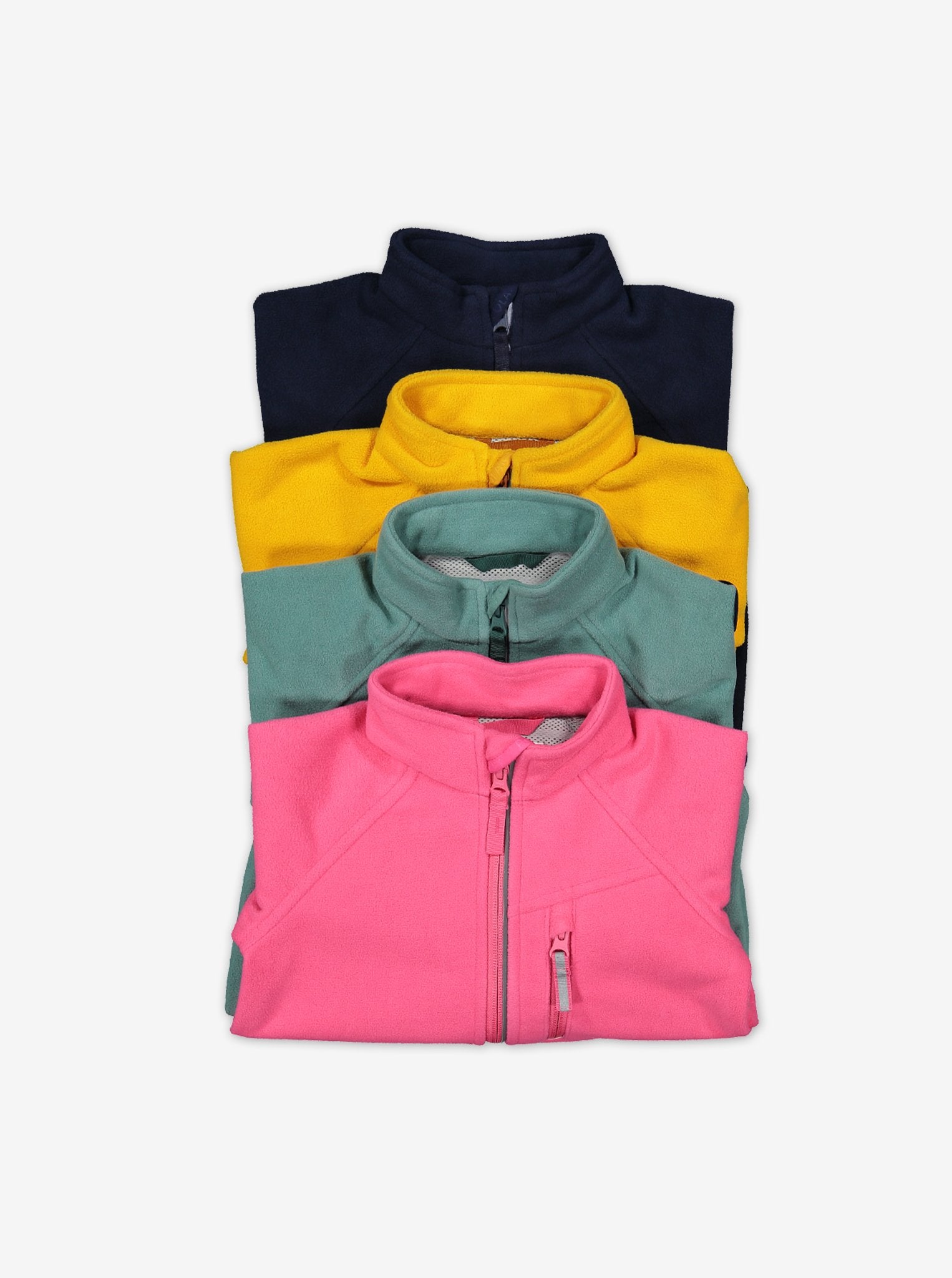 Set of 4 kids waterproof fleece jacket in navy, yellow, green, and pink, made of breathable and flexible material.