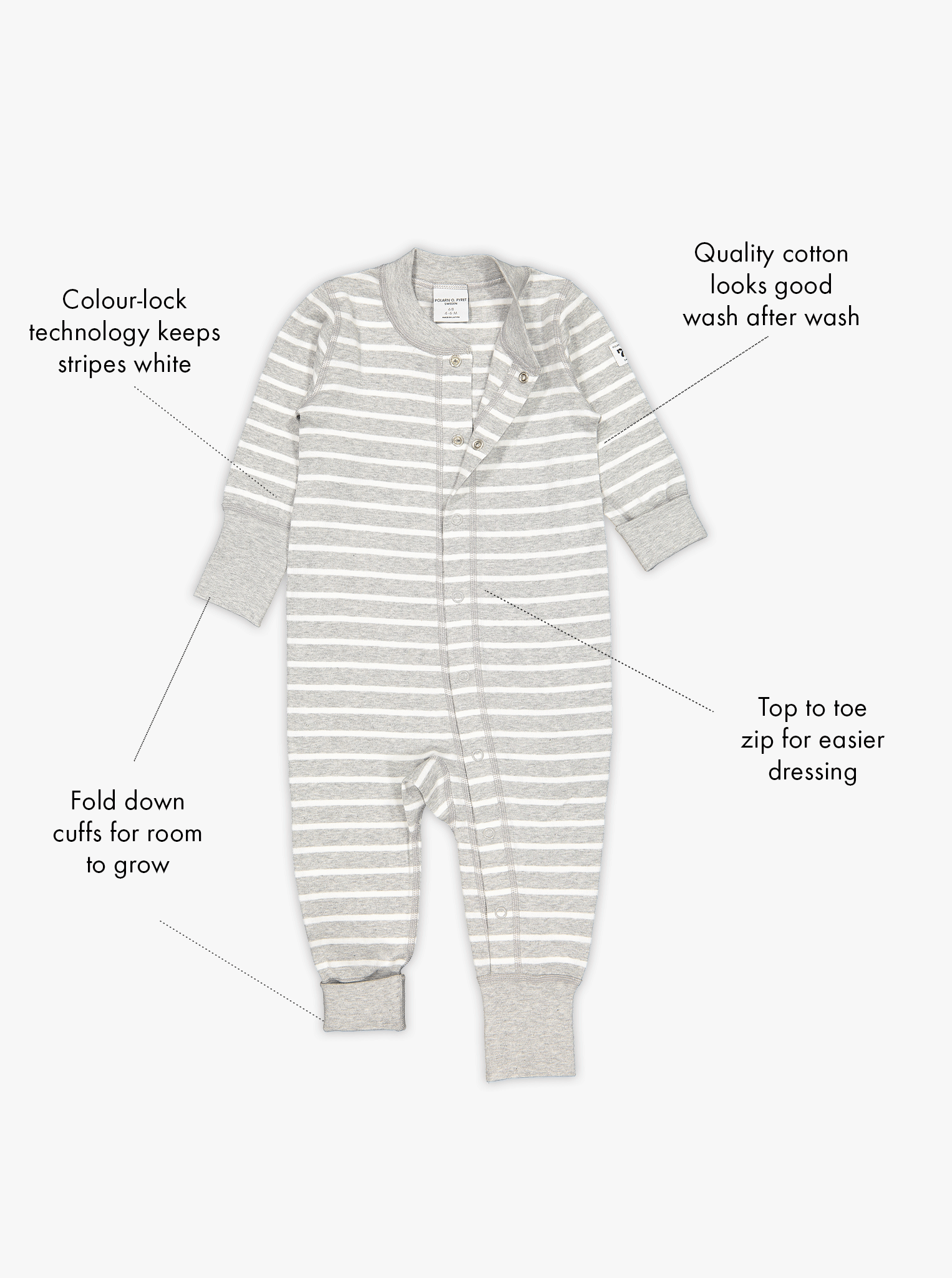 grey and white stripes baby all in one, ethical organic cotton, polarn o. pyret quality