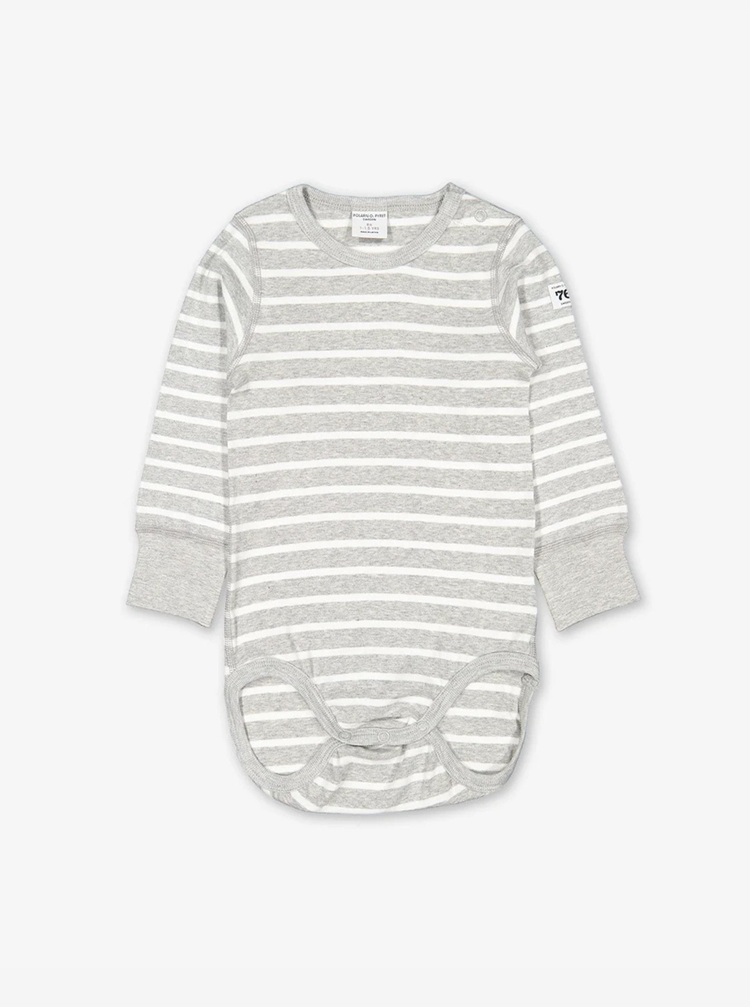 children's organic cotton grey striped babygrow, ethical quality, polarn o. pyret