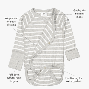 newborn grey striped quality babygrow, ethical organic cotton, polarn o. pyret showing the babygrow's special features.