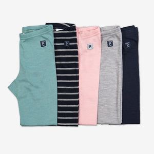 5 pairs of thermal long johns in blue, black & white stripes, pink, gray, and black, made with extra soft and cosy merino wool for kids.