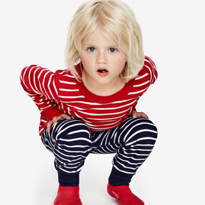 navy blue and white stripes baby leggings, ethical organic cotton, long lasting polarn o. pyret quality