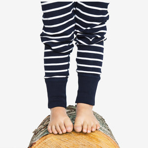 navy blue and white stripes kids leggings, ethical organic cotton, long lasting polarn o. pyret quality