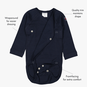 newborn babygrow navy blue, ethical quality organic cotton, polarn o. pyret classic, features shown as text labels on the right.