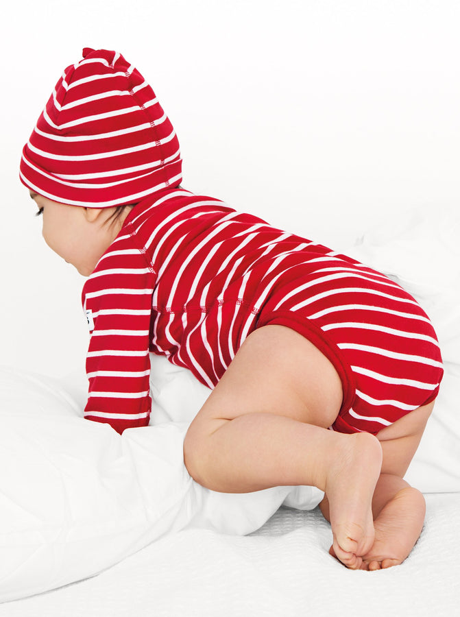 newborn babygrow red and white striped, ethical quality organic cotton, polarn o. pyret classic