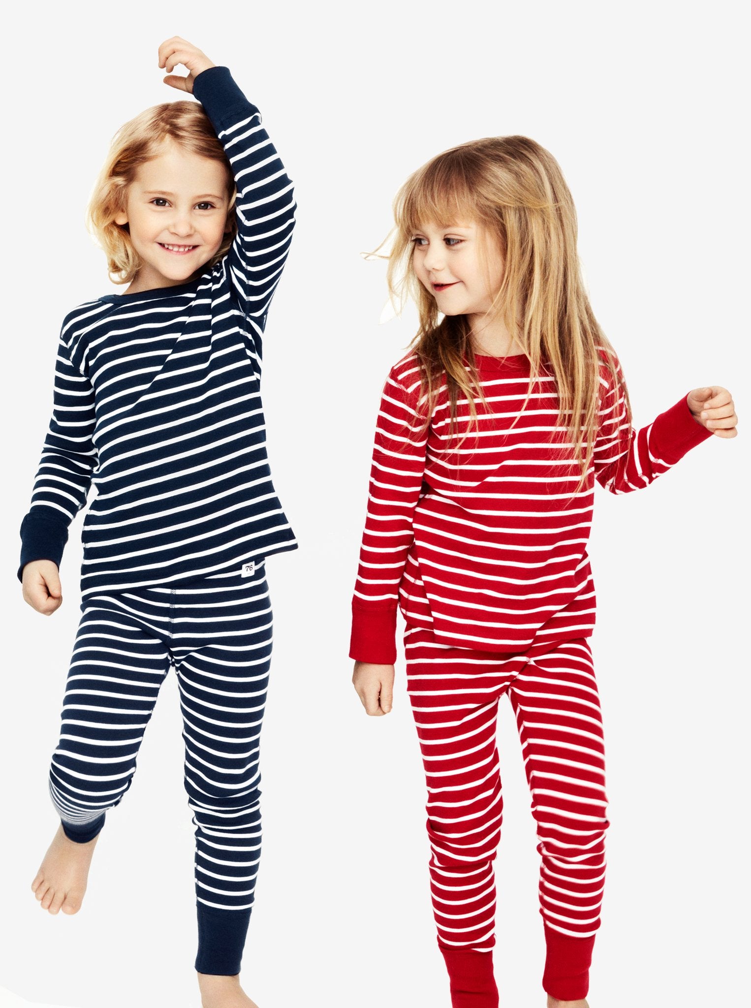 red and white stripes kids leggings, ethical organic cotton, long lasting polarn o. pyret quality, kids wearing PO.P classic top and leggings in stripe design 