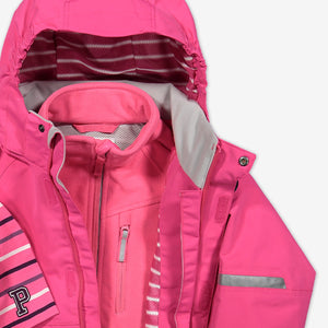Kids waterproof shell jacket paired with kids waterproof fleece jacket made of breathable fabric, both in the colour pink.
