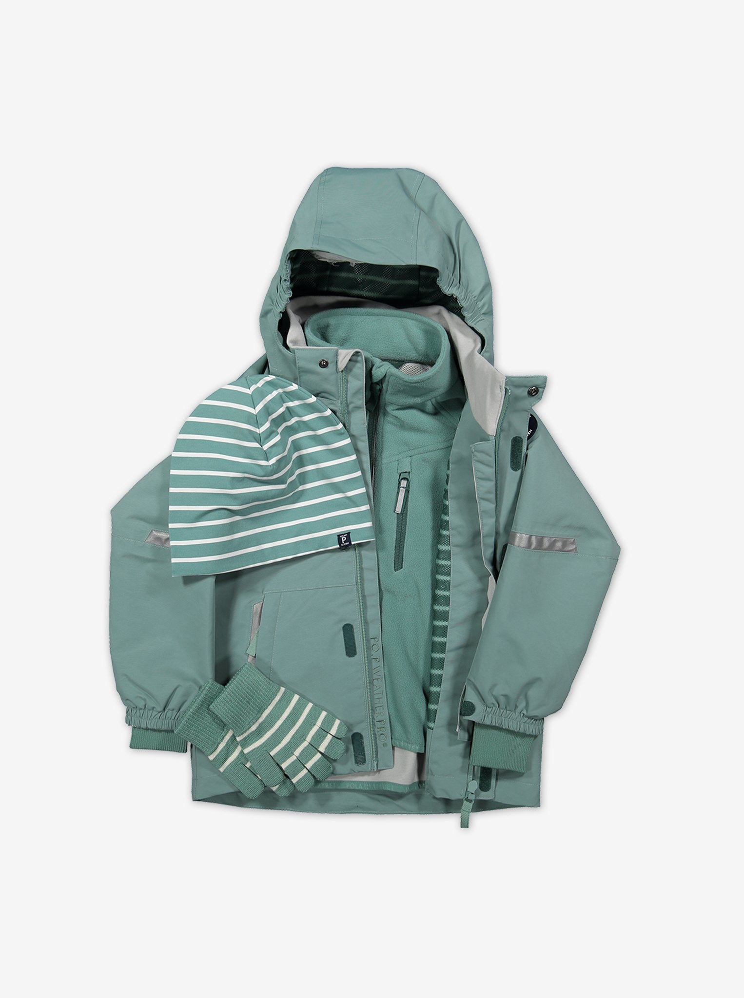 A kids winter outerwear set which includes a green waterproof jacket, waterproof fleece jacket, kids gloves and wool beanie.