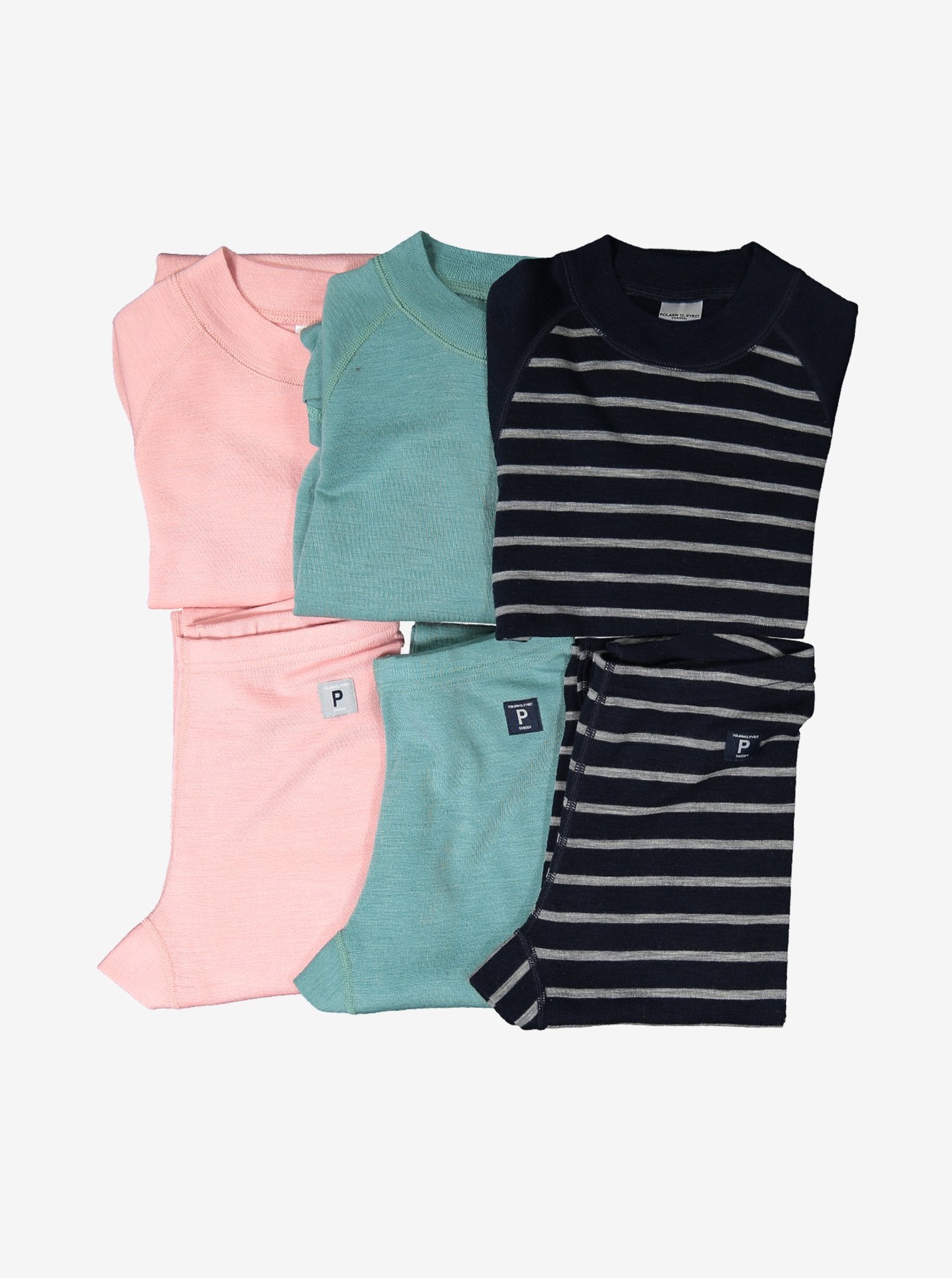 Pink, blue, and striped sets of thermal merino long johns for kids with matching top