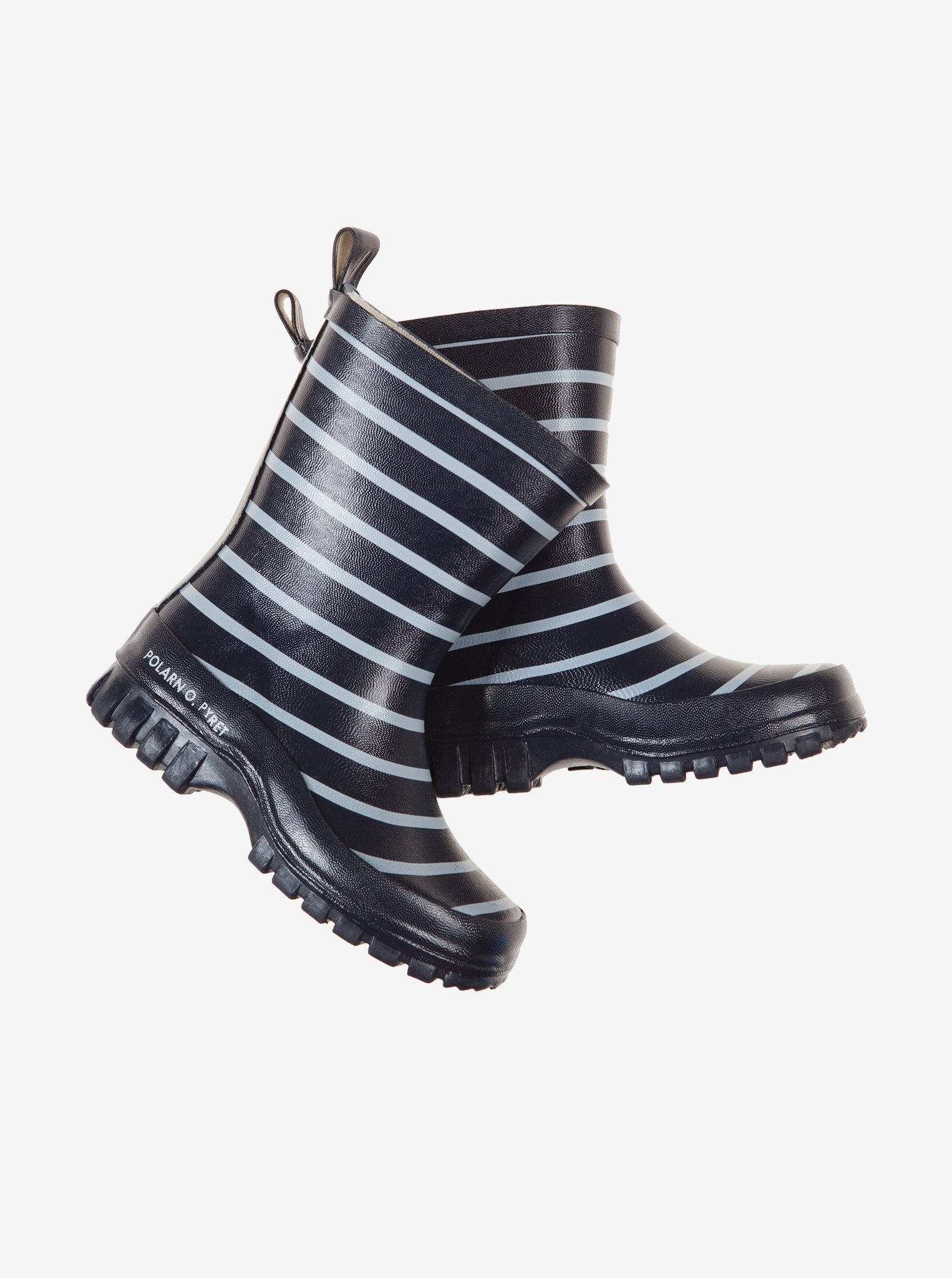 A pair of navy and white stripes kids wellies for rainy season, exterior is made of rubber and cotton for the inner lining.